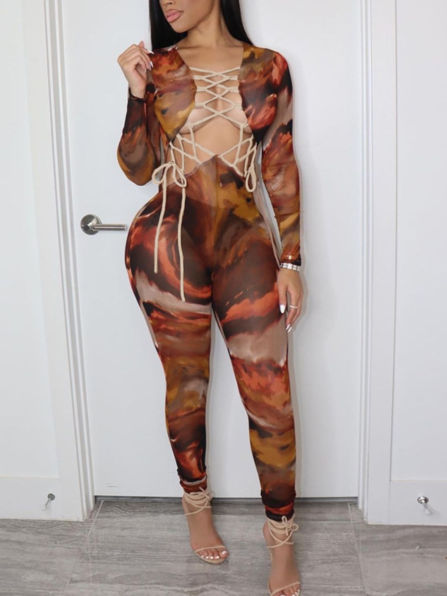 

LW SXY Tie-dye Bandage Hollow-out Design Jumpsuit, Light coffee