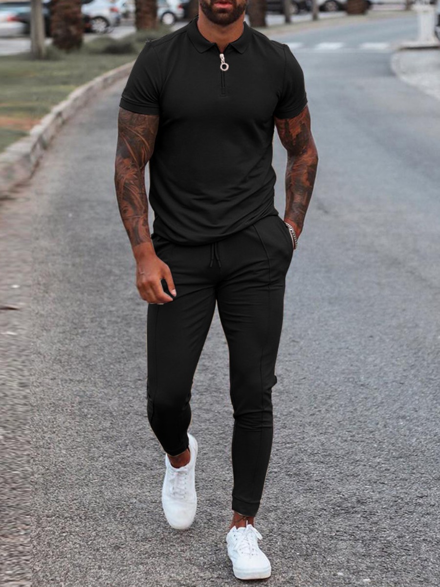 

LW Men Zipper Design Drawstring Pants Set, Black