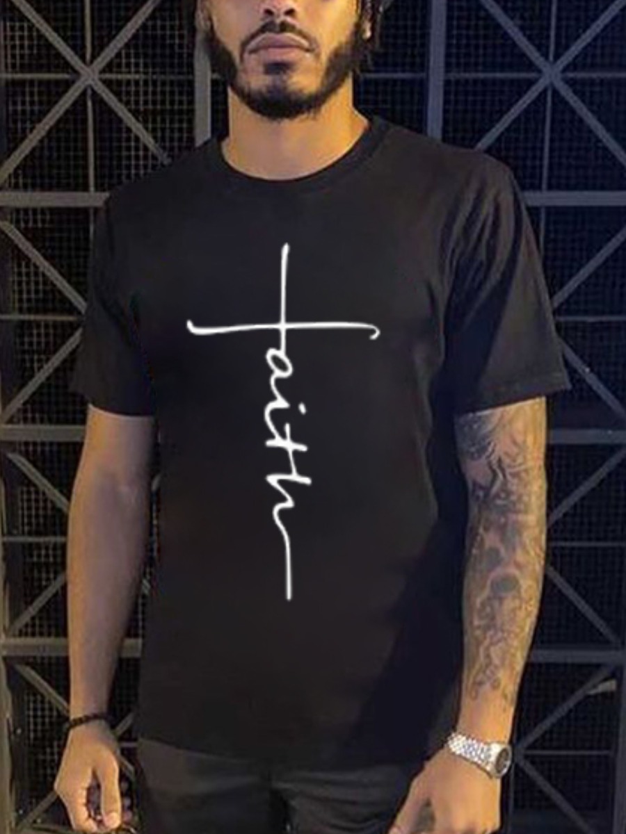 

LW Men Faith Round Neck Letter Print T-shirt, Black