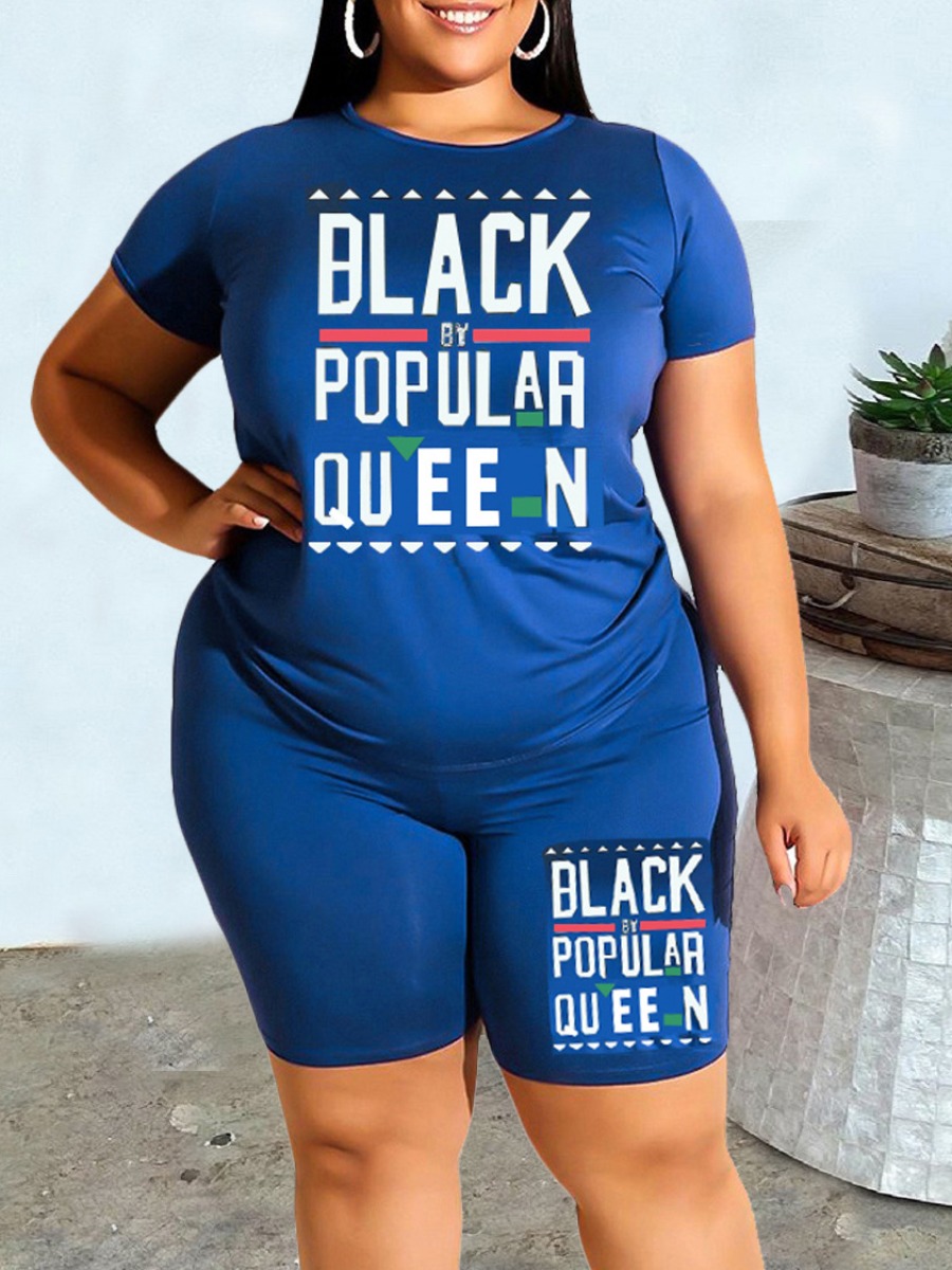 

LW Plus Size Polyester Queen Letter Print Skinny Yes(Stretch) Two-piece Shorts Set, Blue