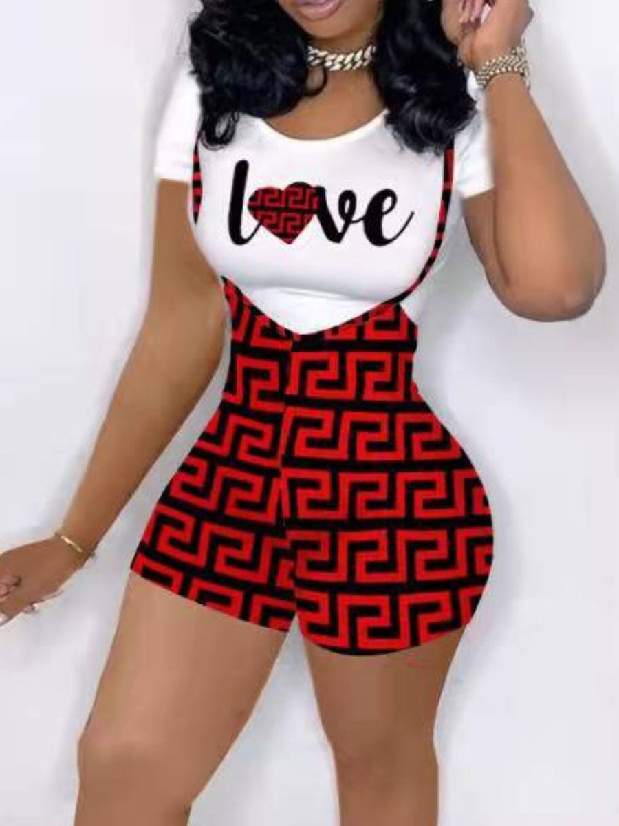 

LW Geometric Letter Print Overall Shorts Set, Bright red