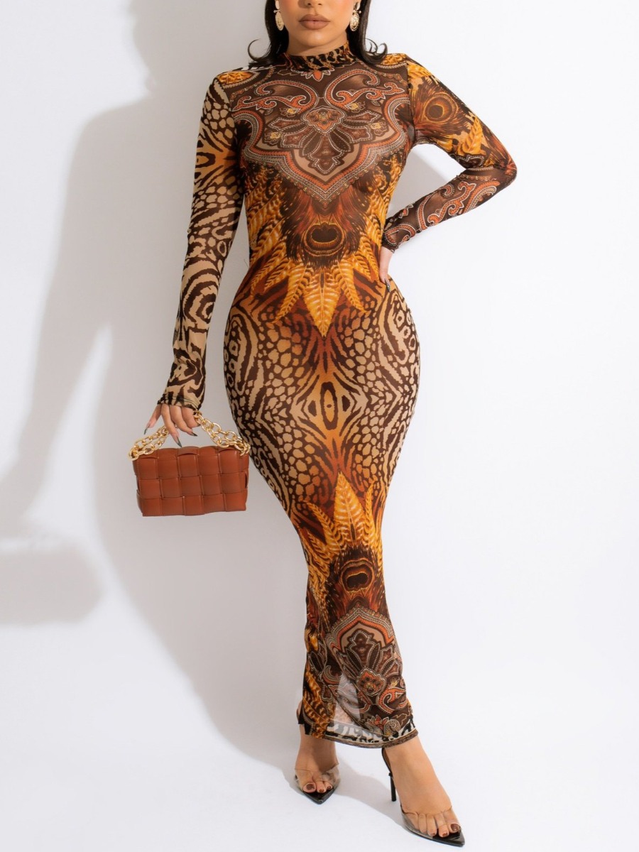 

LW Mixed Print Backless Slit Bodycon Dress, Brown