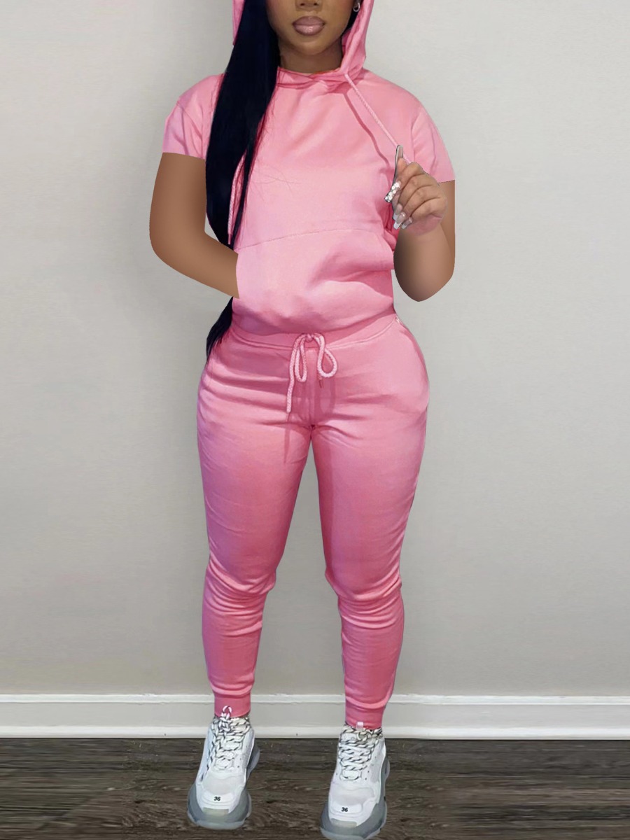 

LW Kangaroo Pocket Drawstring Tracksuit Set, Pink