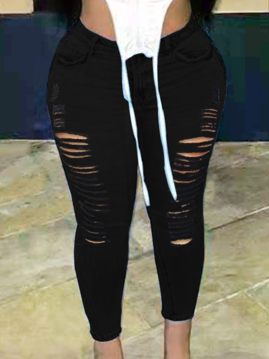 

LW Plus Size Mid Waist High Stretchy Ripped Jeans, Black