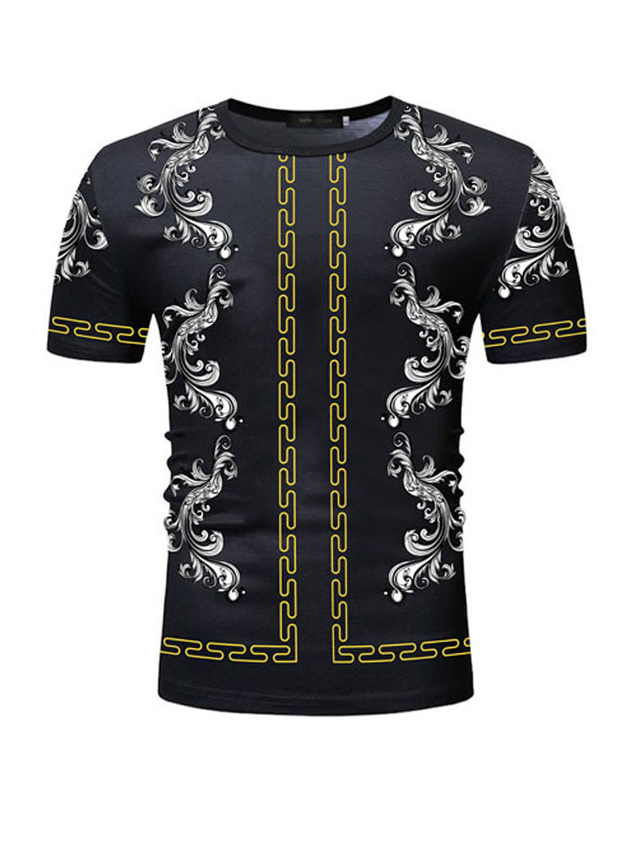 

LW COTTON Men Round Neck Geometric Print T-shirt, Black