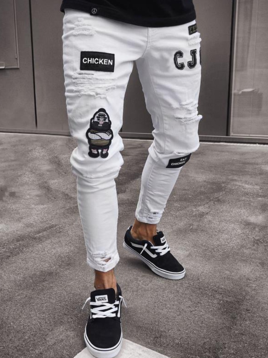 

LW Men High Stretchy Cartoon Decor Ripped Jeans, White