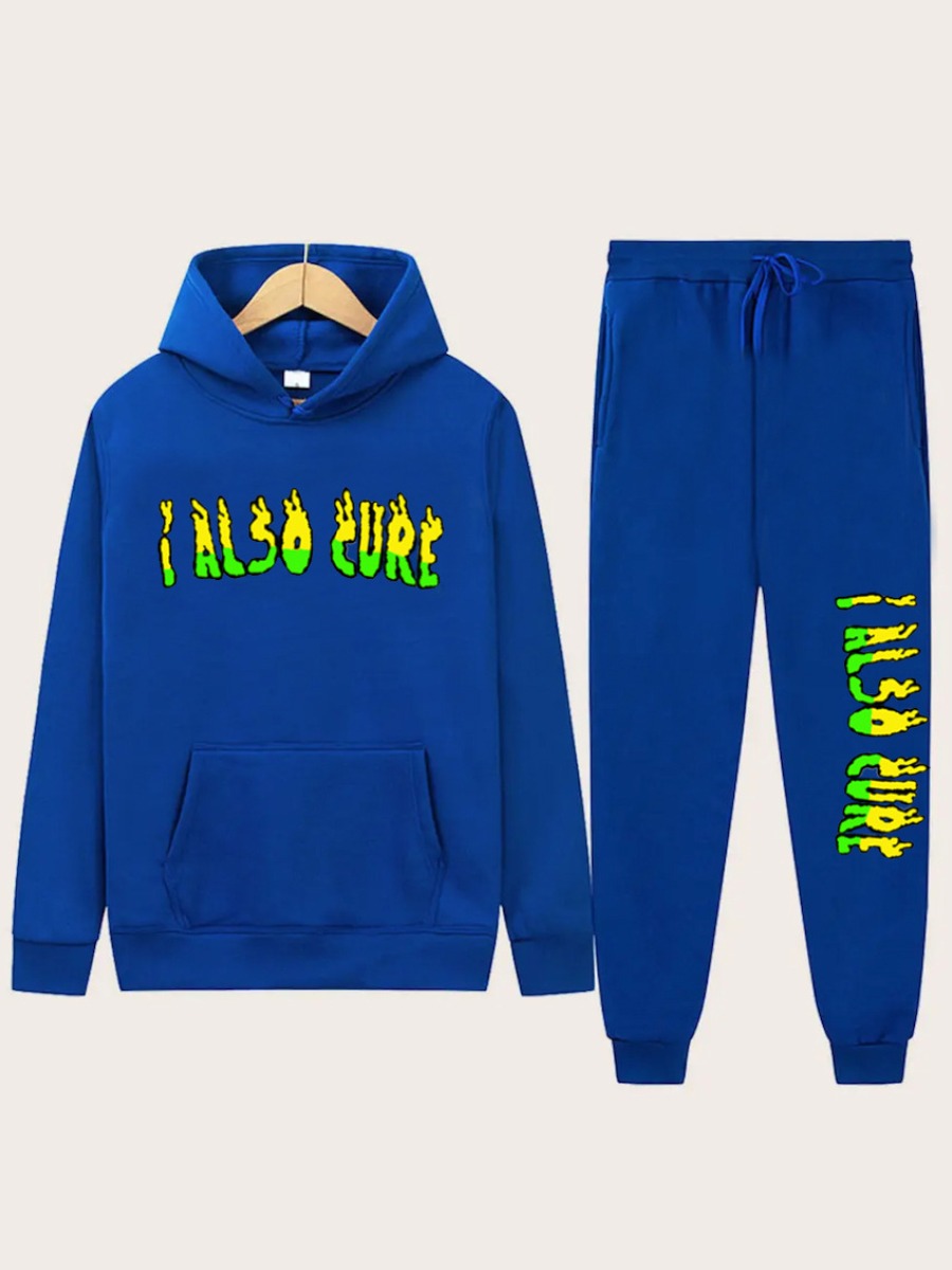 

LW COTTON Men Letter Print Drawstring Tracksuit Set, Blue