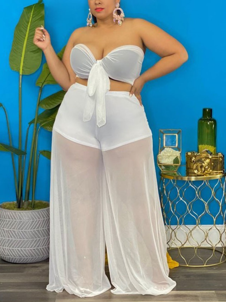 

LW Plus Size Off The Shoulder See-through Pants Set, White