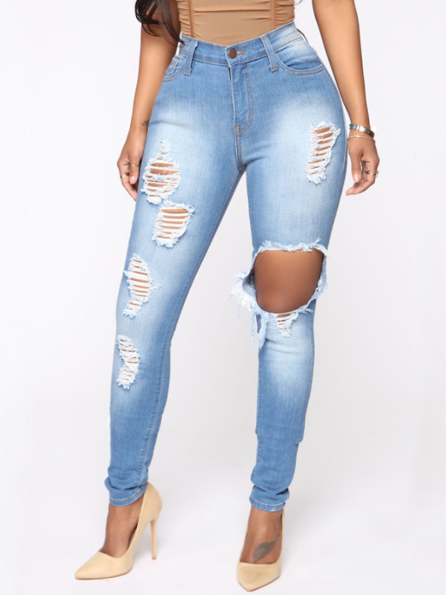 

LW High-waisted Ripped Jeans, Baby blue