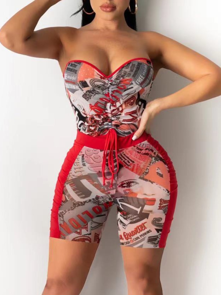 

LW Polyester Lace-up Print Skinny Yes(Stretch) Two-piece Shorts Set, Red