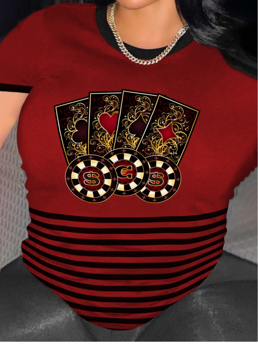 

LW Plus Size Poker Print Striped T-shirt, Wine red