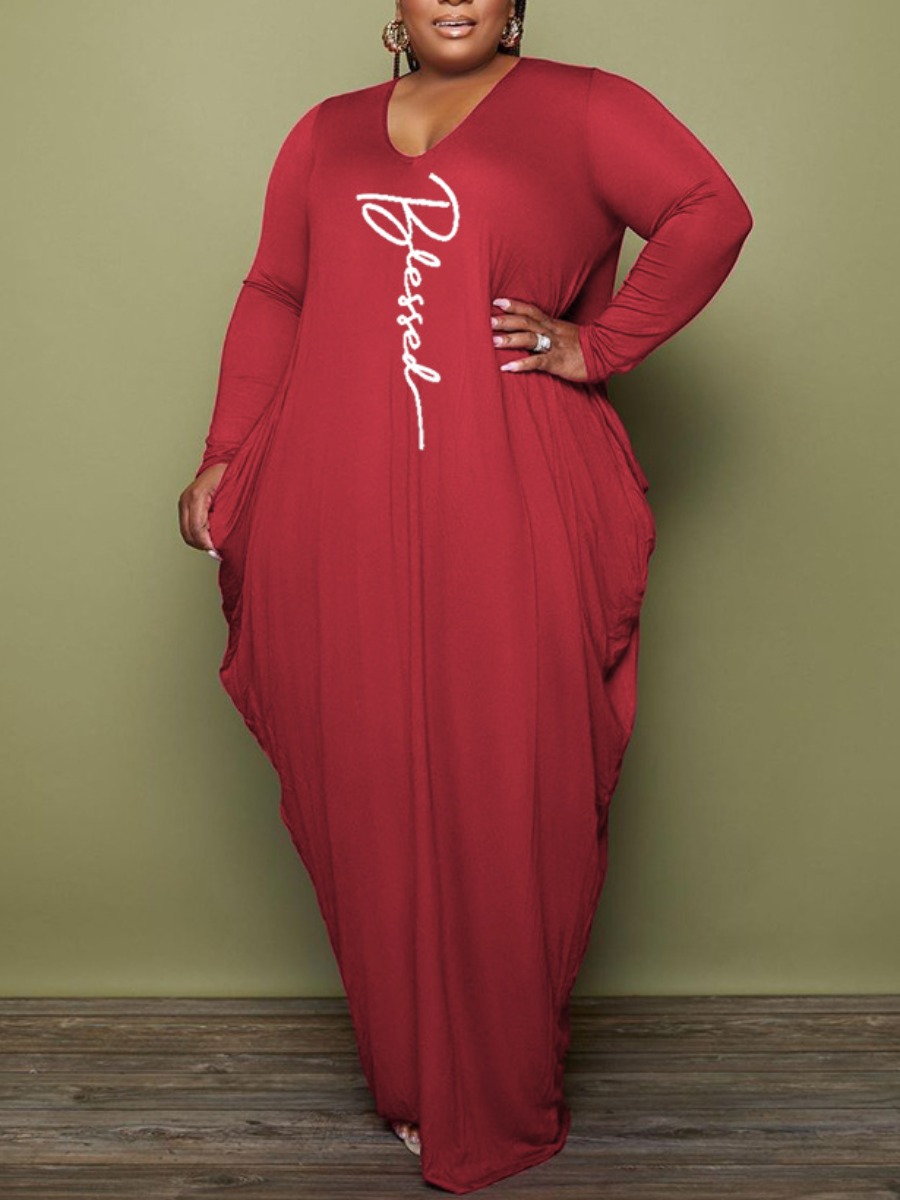 

LW Plus Size V Neck Letter Print Dress, Red
