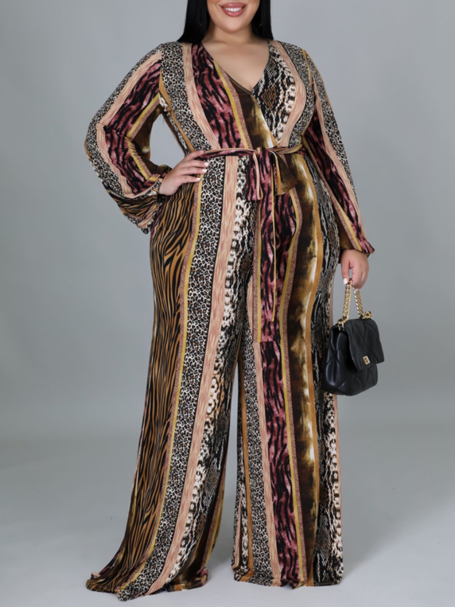 

LW Plus Size Leopard Print Striped Loose Jumpsuit, Cobra