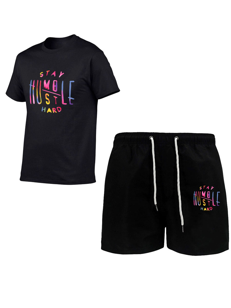

LW Men Gradient Letter Print Shorts Set, Black