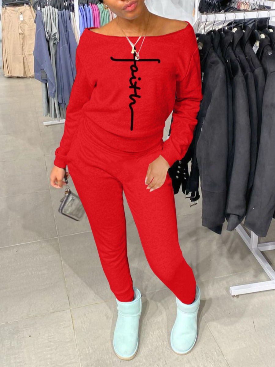 

LW Faith Boat Neck Letter Print Pants Set, Red
