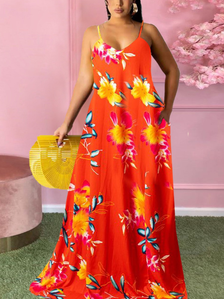 

LW COTTON Plus Size Floral Print Cami Dress, Red