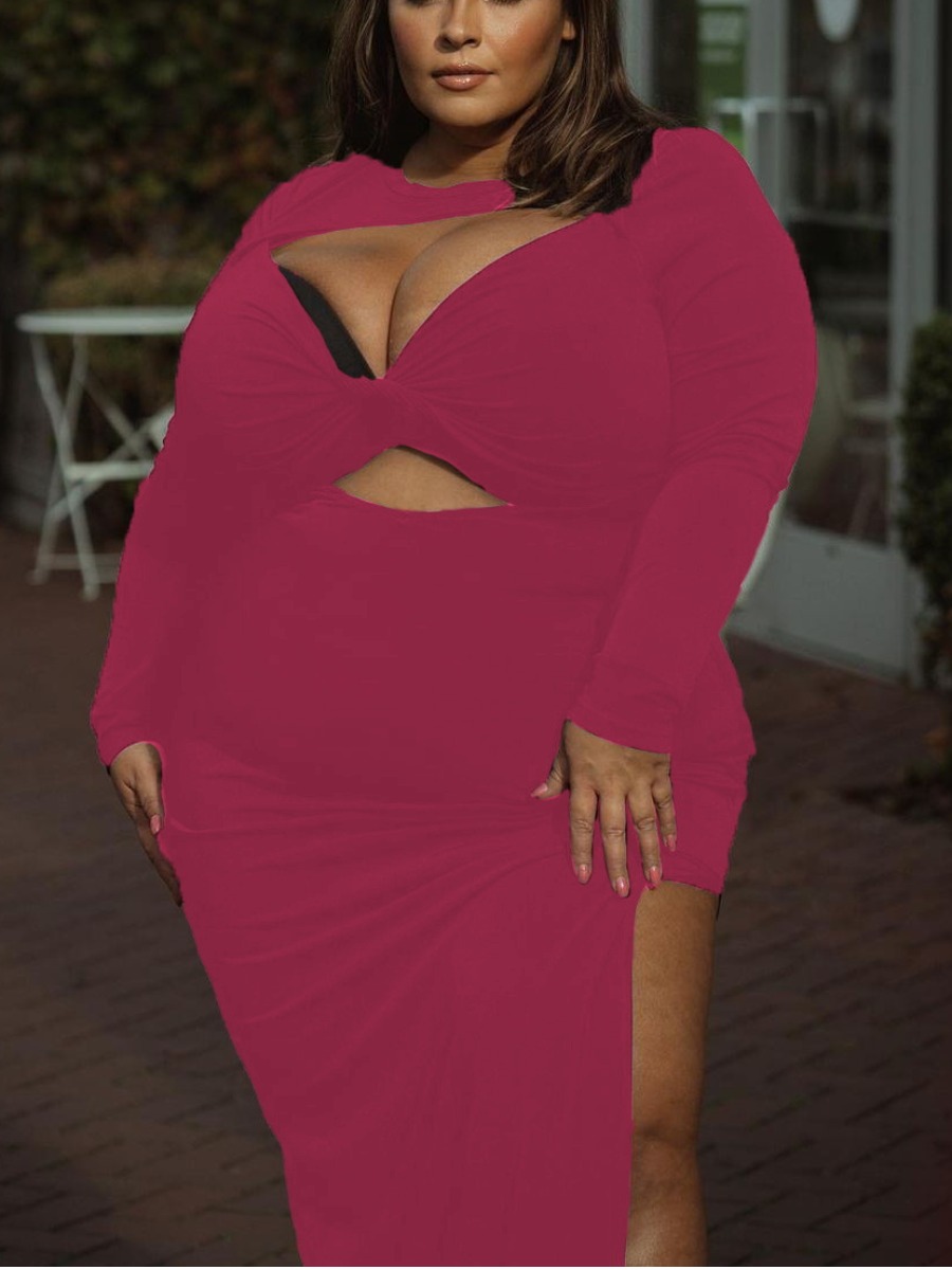 

LW SXY Plus Size Cut Out Thigh Slit Bodycon Dress, Rose red