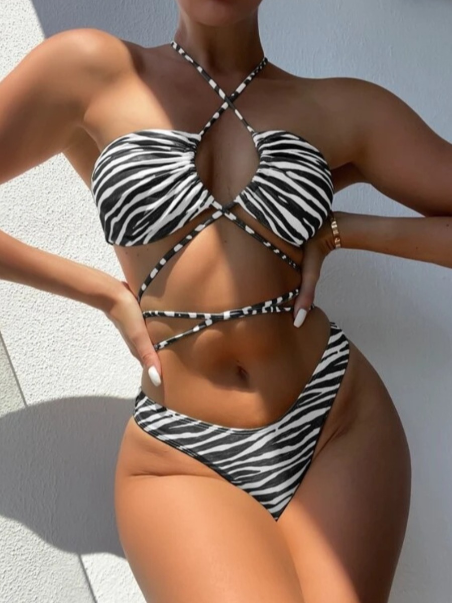 

LW Zebra Striped Bandage Design Bikini Set, Black