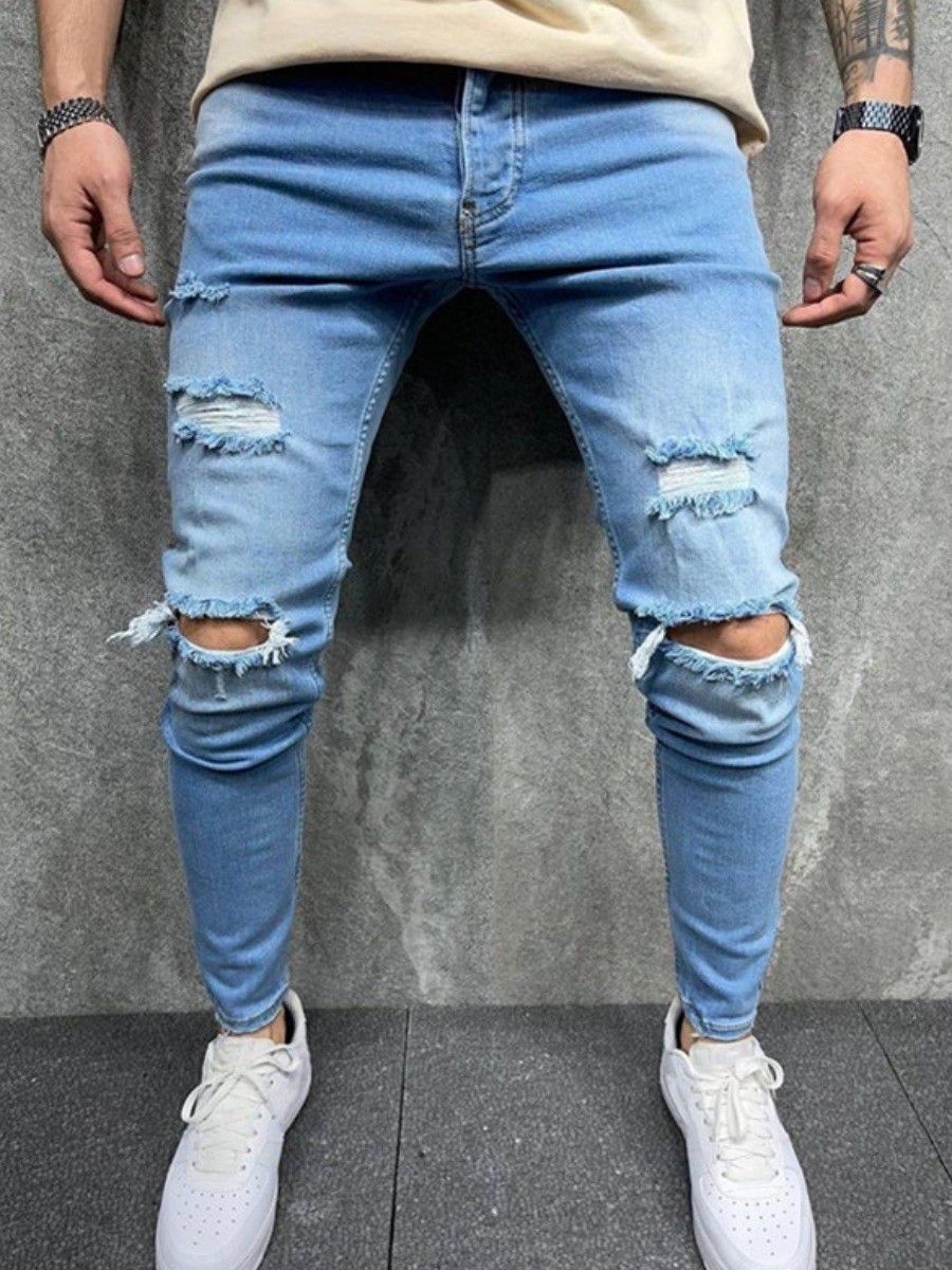 

LW Men Mid Waist High Stretchy Ripped Jeans, Blue