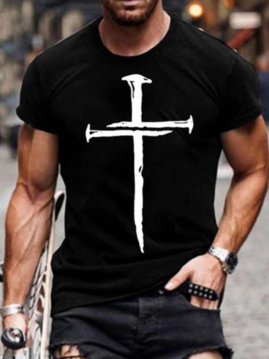 

LW COTTON Men Round Neck Cross Print T-shirt, Black