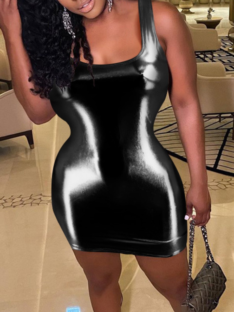 

LW Leather U Neck Print Bodycon Dress, Black