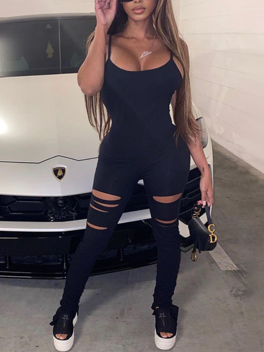 LW U Neck Ripped Cami Jumpsuit, Black