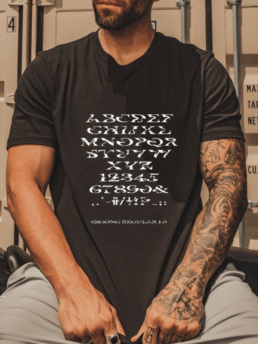 

LW COTTON Men Round Neck Letter Print T-shirt, Black