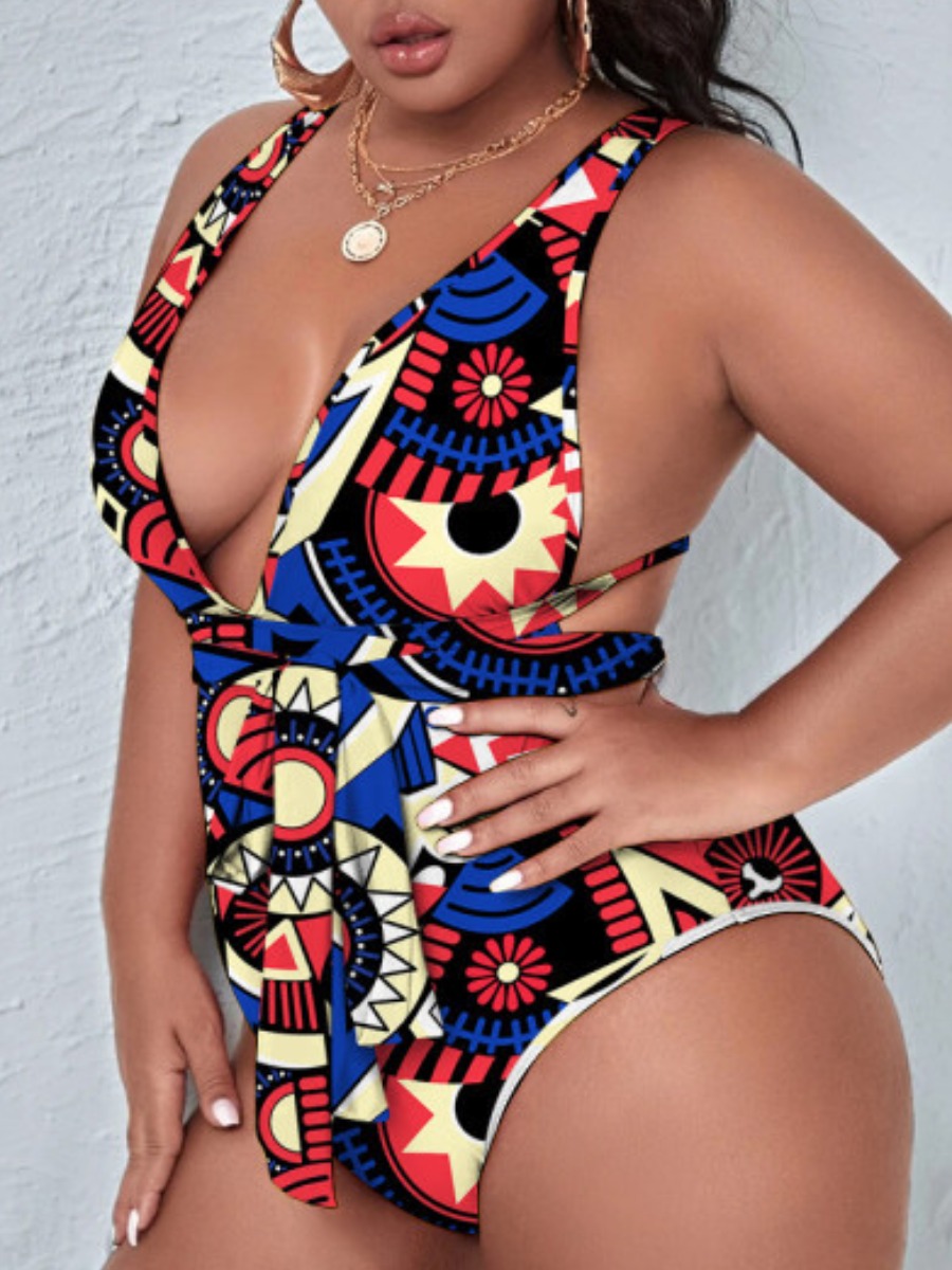

LW Plus Size Geometric Print Backless One-piece Swimsuit, Multi