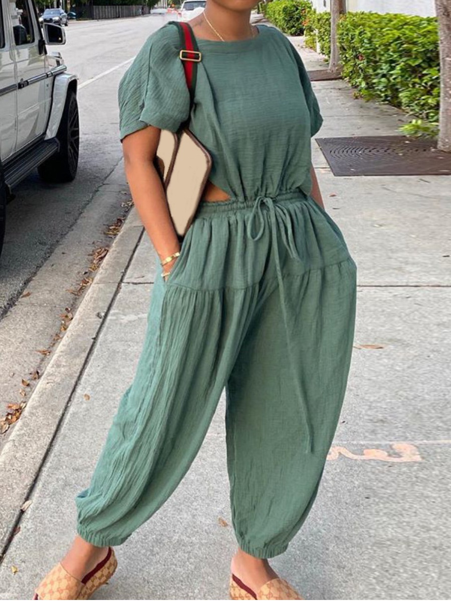 

LW Ruffle Design Drawstring Pants Set, Green