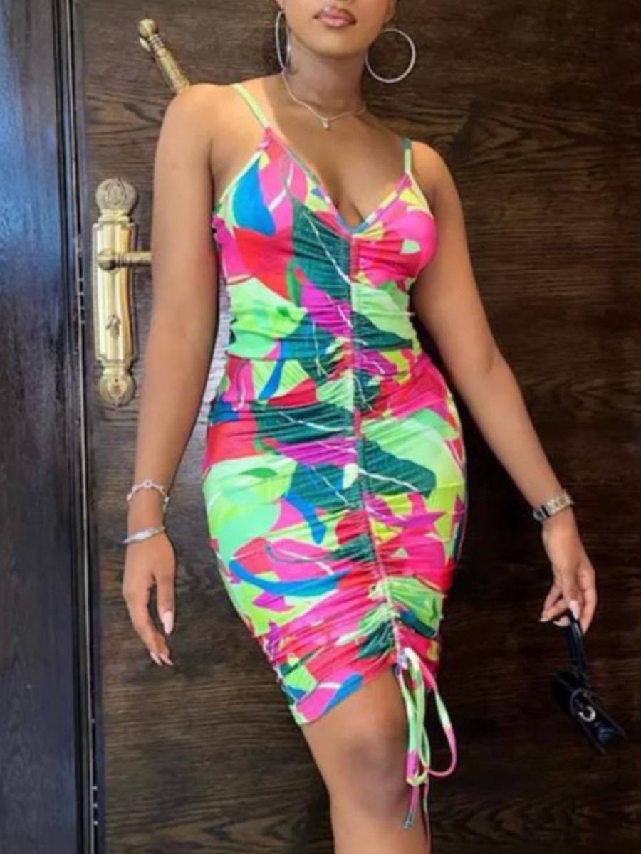 

LW Plus Size Mixed Print Drawstring Ruched Dress, Multi