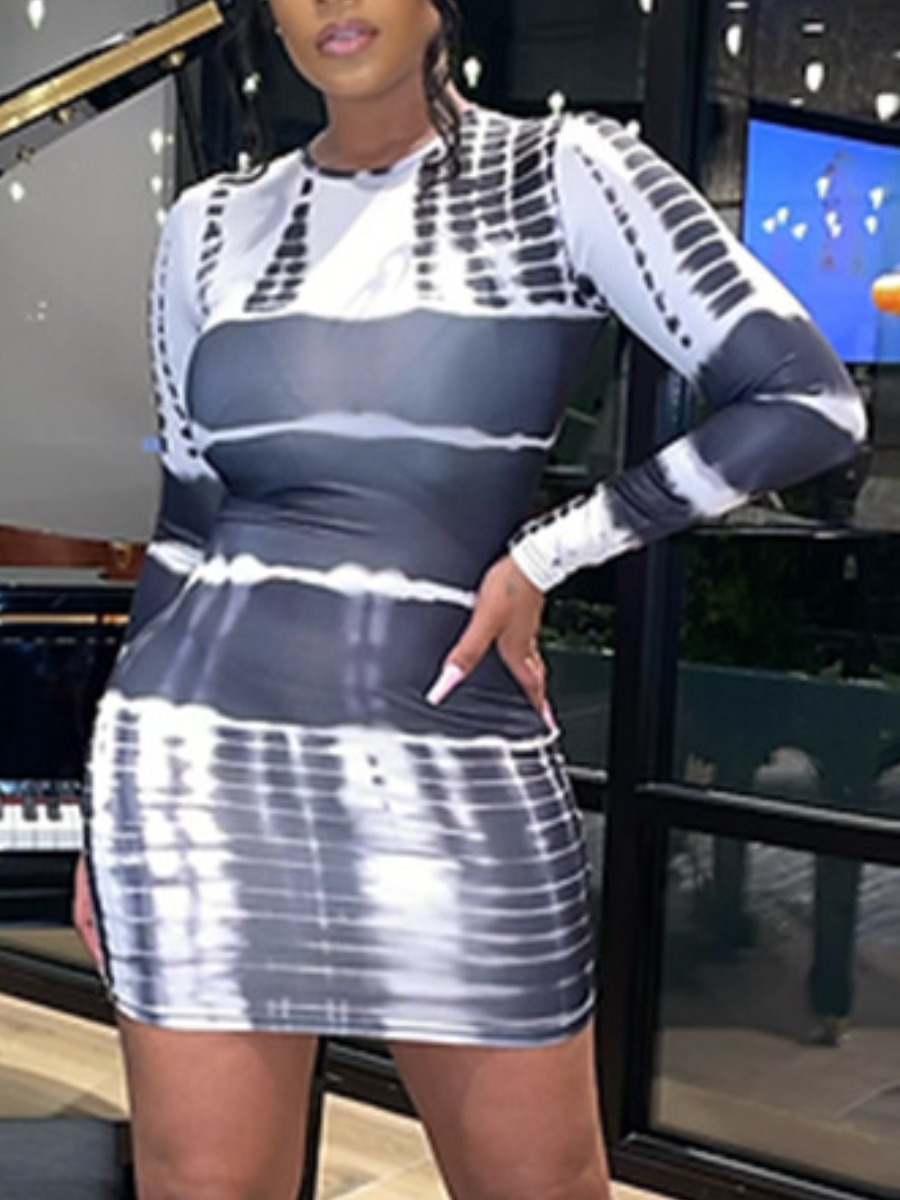 

LW Round Neck Tie-dye Bodycon Dress, Dark grey