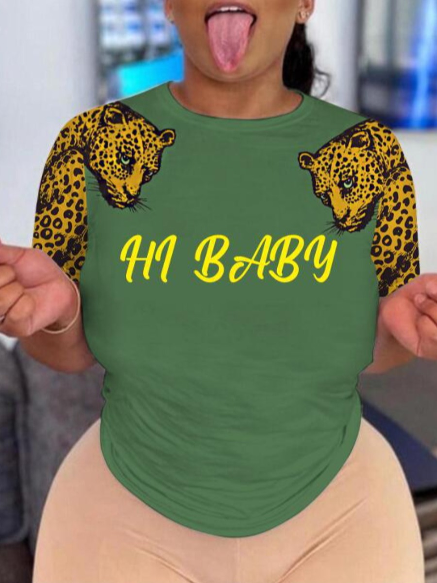 

LW Leopard Letter Print T-shirt, Green