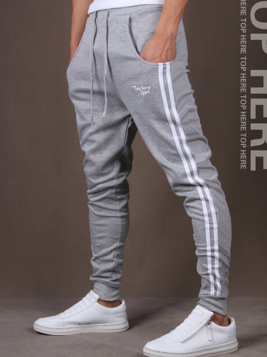 

LW Men Letter Print Striped Sweatpants, Grey