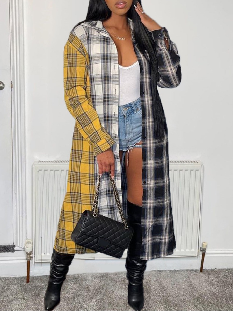 

LW Plaid Print Patchwork Trench Coat, Multicolor lattices