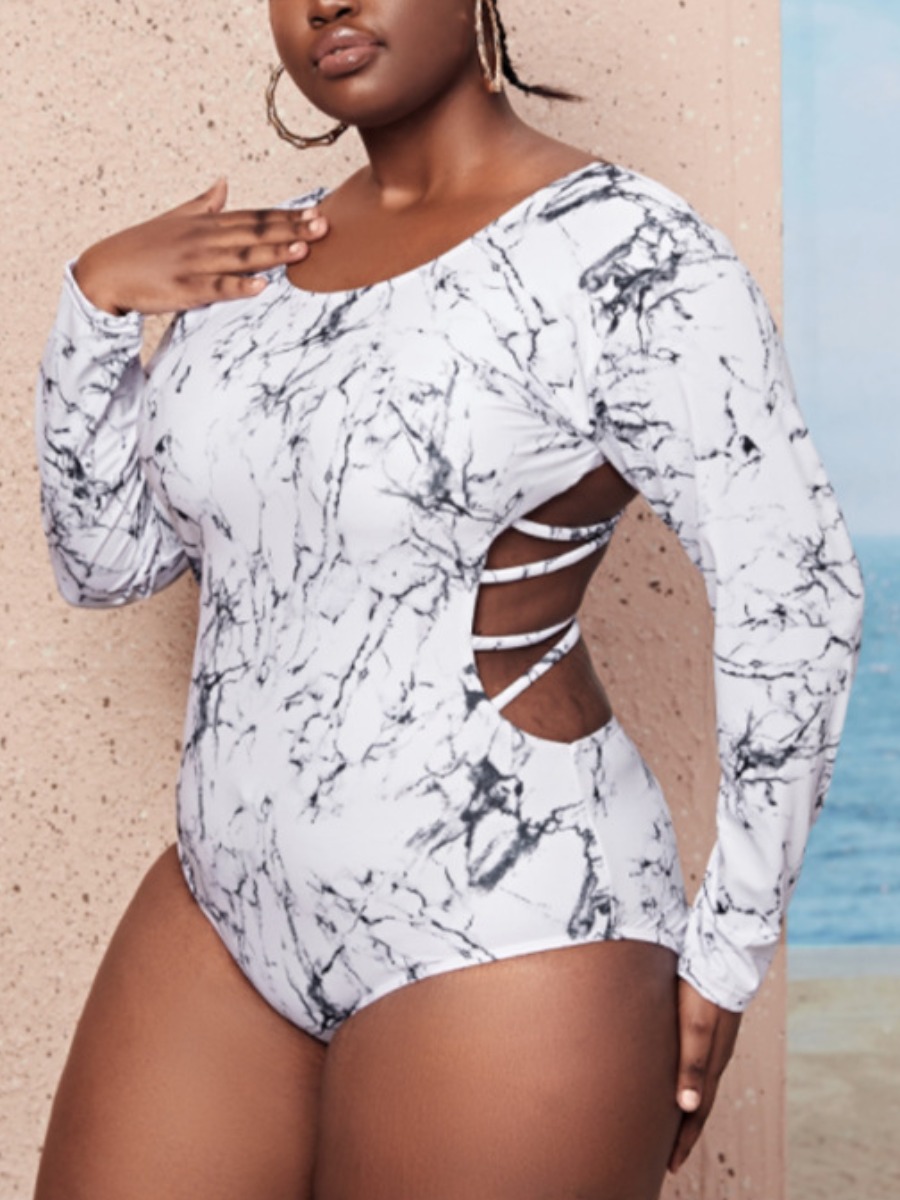 

LW Plus Size Tie-dye Cross Strap One-piece Swimsuit, White