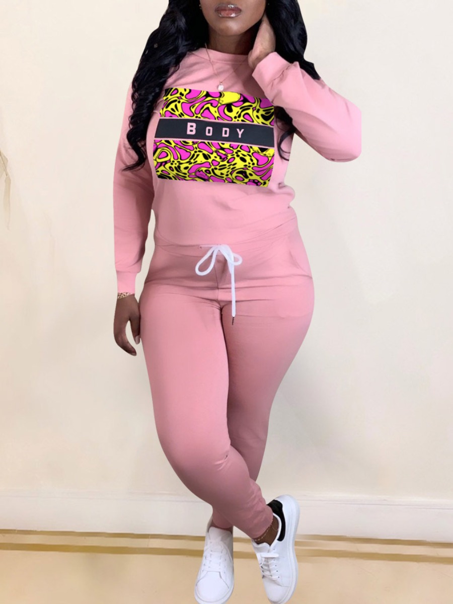 

LW Letter Print Patchwork Tracksuit Set, Pink