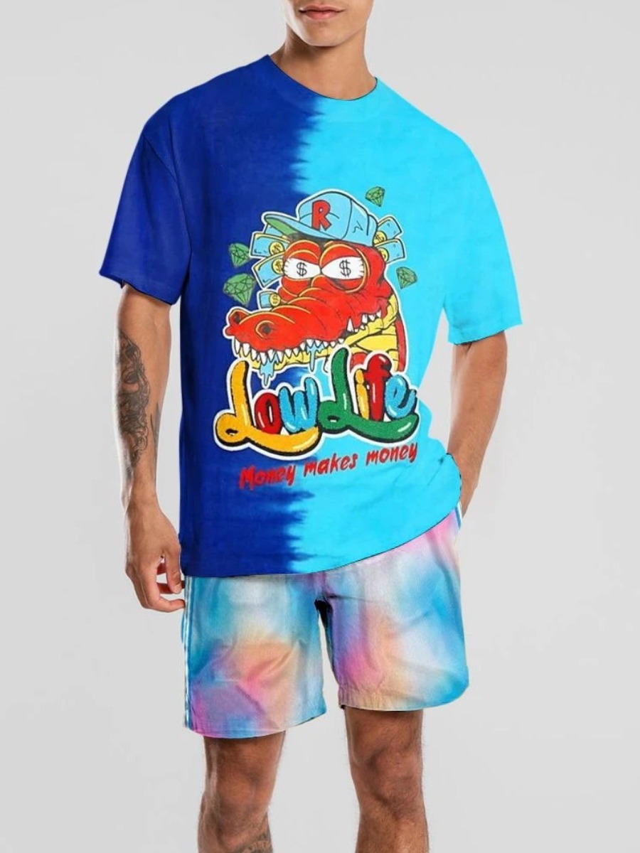 

LW BASICS Men Cartoon Print Tie-dye Shorts Set, Blue