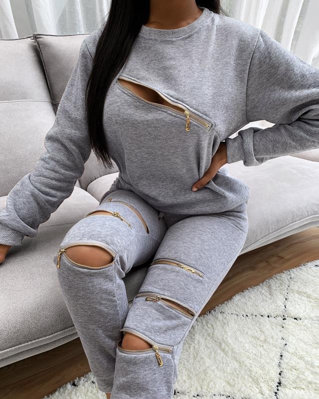 

LW Round Neck Zipper Design Tracksuit Set, Grey