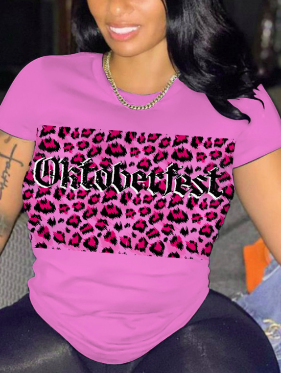 

LW Plus Size Leopard Letter Print T-shirt, Light purple