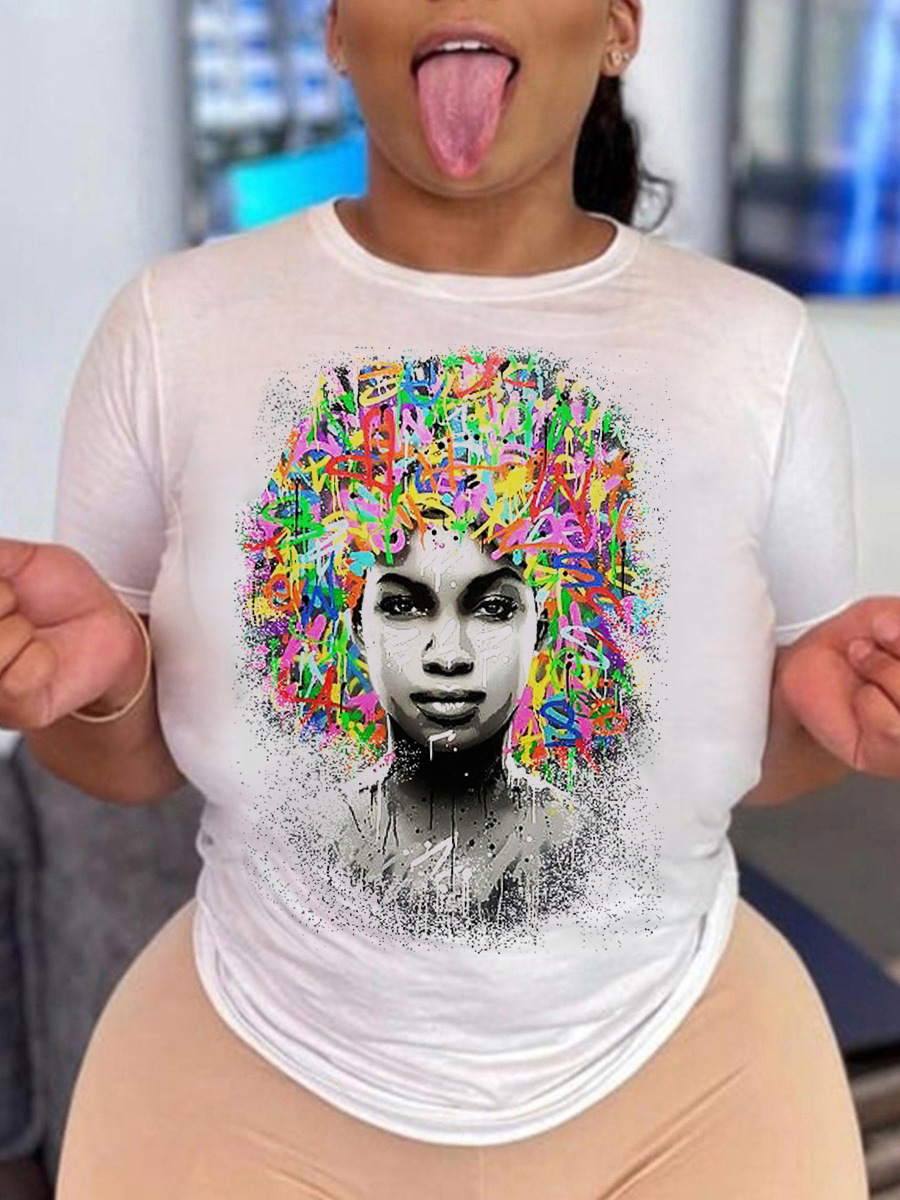 

LW Plus Size Round Neck Figure Print T-shirt, White