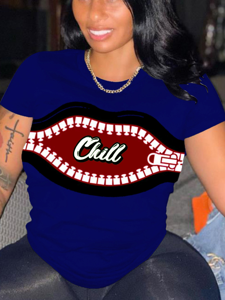 

LW Plus Size Lip Letter Print T-shirt, Dark blue