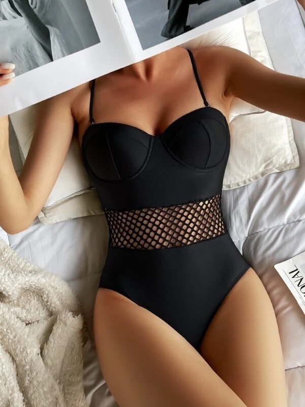 

LW Mesh Cami One-piece Swimsuit, Black