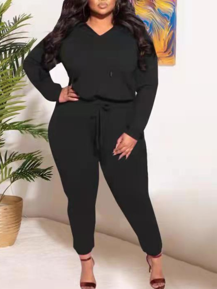 

LW BASICS Plus Size Hooded Collar Drawstring Tracksuit Set, Black