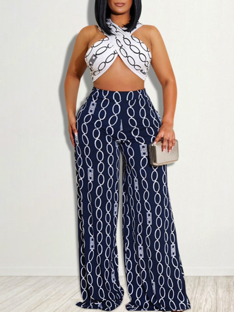 

LW Plus Size Geometric Print Wide Leg Pants Set, Deep blue