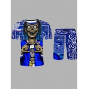 LW Men Casual Graffiti Print Blue Two Piece Shorts