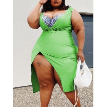 

LW Plus Size Surplice Neck Wrap Split Dress, Green