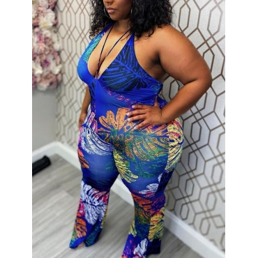 

LW Plus Size Mixed Print Backless Jumpsuit, Blue