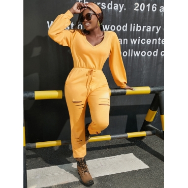 

LW Deep V Neck Drawstring Jumpsuit, Yellow