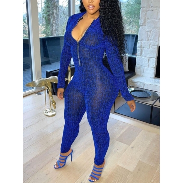 

LW SXY Mesh See-through Zipper Design Basic Skinny Jumpsuit, Blue