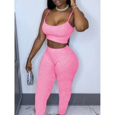 

LW Sporty U Neck Basic Skinny Pink Two Piece Pants Set